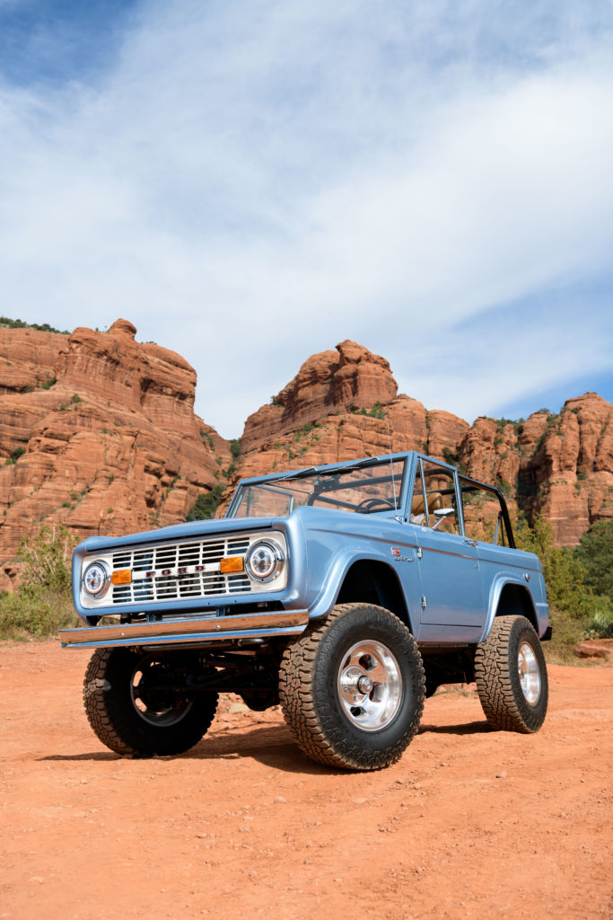 Blue Gateway custom built Bronco in the desert. 