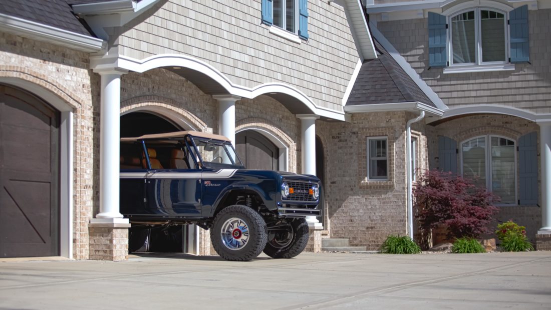 4 Door Ford Bronco Coming Out of a Garage