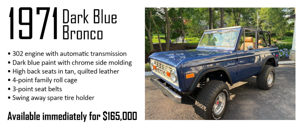 1971 Dark Blue Pre-Owned Custom Ford Bronco For Sale.