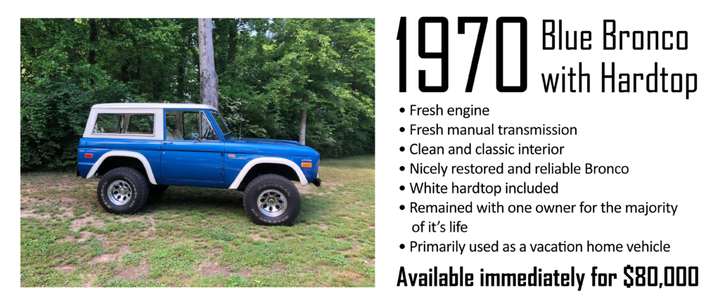 1970 Pre-Owned custom Ford Bronco. Blue Bronco with Hardtop.