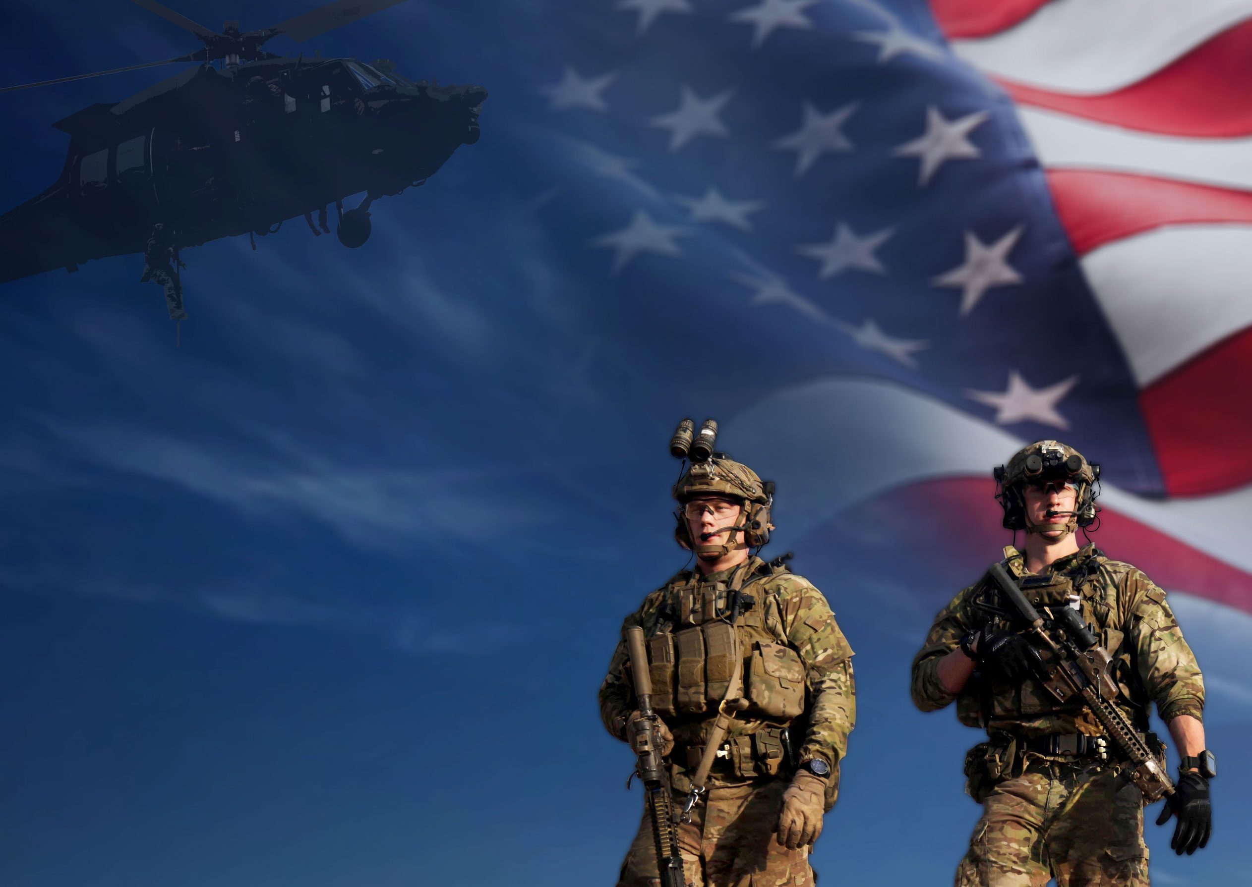 American Soldiers, Helicopter and Flag